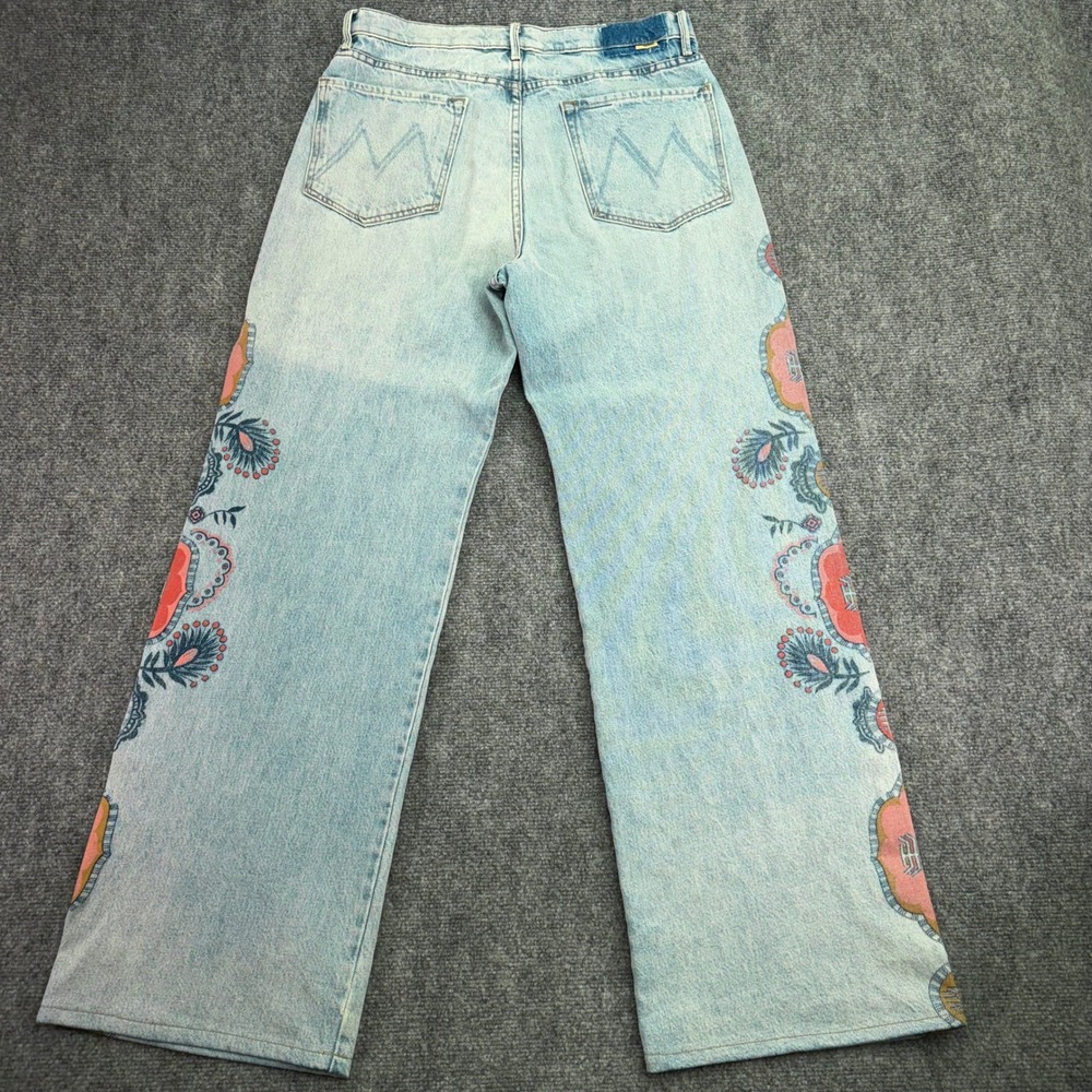 MOTHER Light Blue Denim Wide-Leg Jeans with Pink & Red Floral Panels - Picture 14 of 16